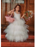 Lace Ruffled Tulle Cross Back Flower Girl Dress With Cape